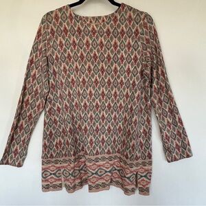 K Jill Tunic M Washed Blue Red Tan Geometric 3/4 Sleeve Tunic Comfy, Versatile